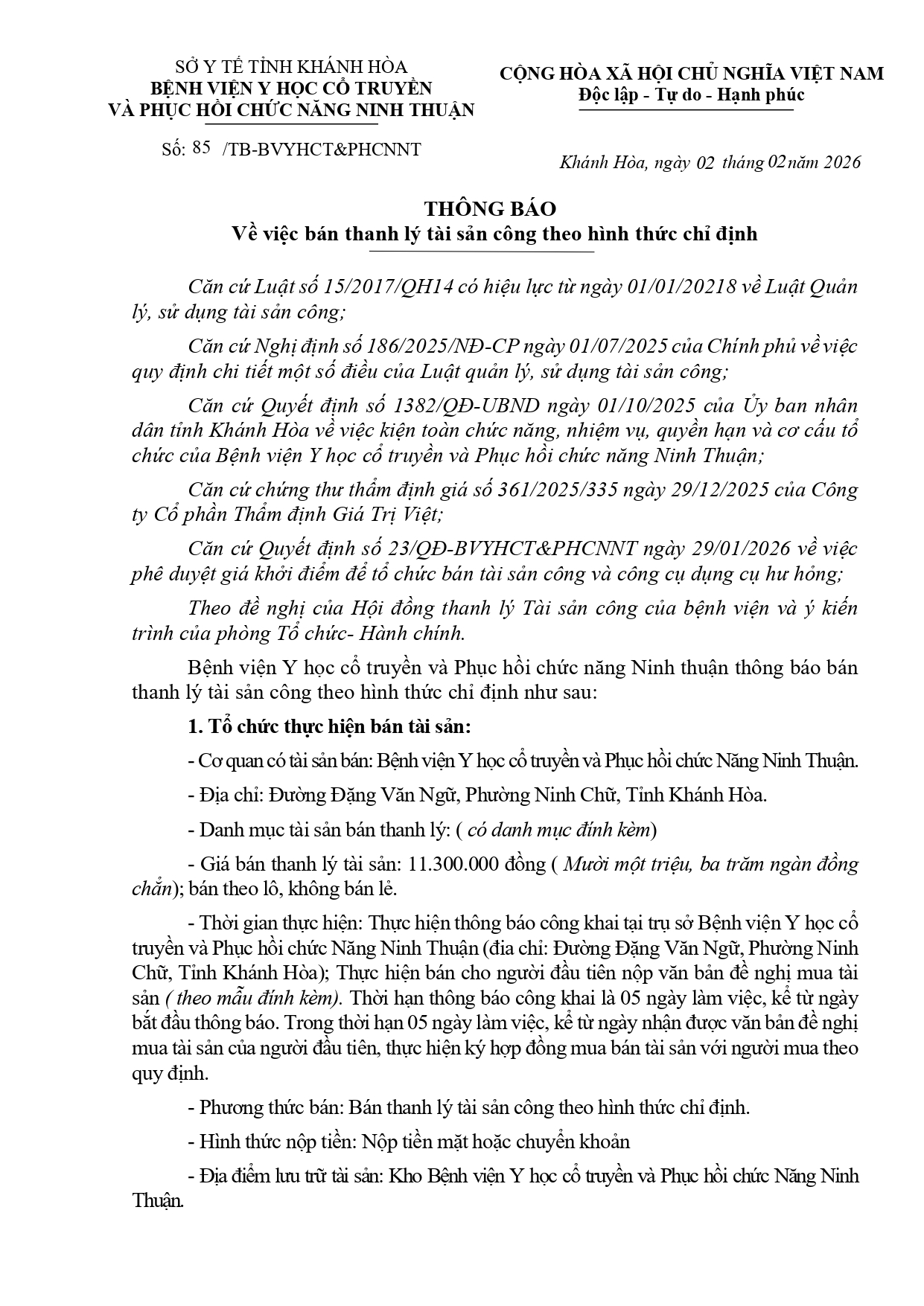 THÔNG BÁO Về việc bán thanh lý tài sản công theo hình thức chỉ định